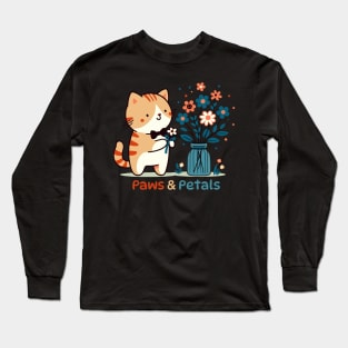 Paws and Petals | Cute Kitty Cat collecting Flowers | Kawaii Kitty Cat Lover Long Sleeve T-Shirt